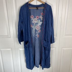 BanJara L Kimono blouse Top Embroidered Jean Jacket Floral Denim Boho Bird